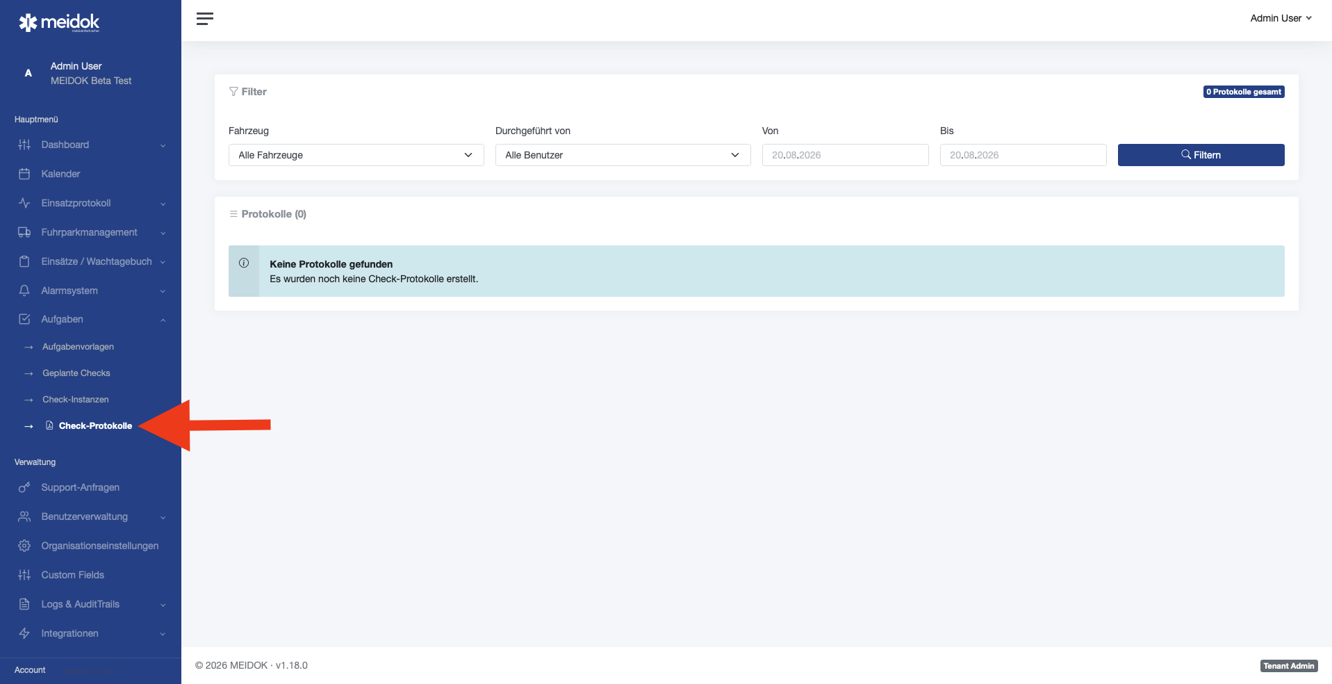 [SCREENSHOT-AUP-010] Übersicht der Check-Protokolle mit Filterleiste