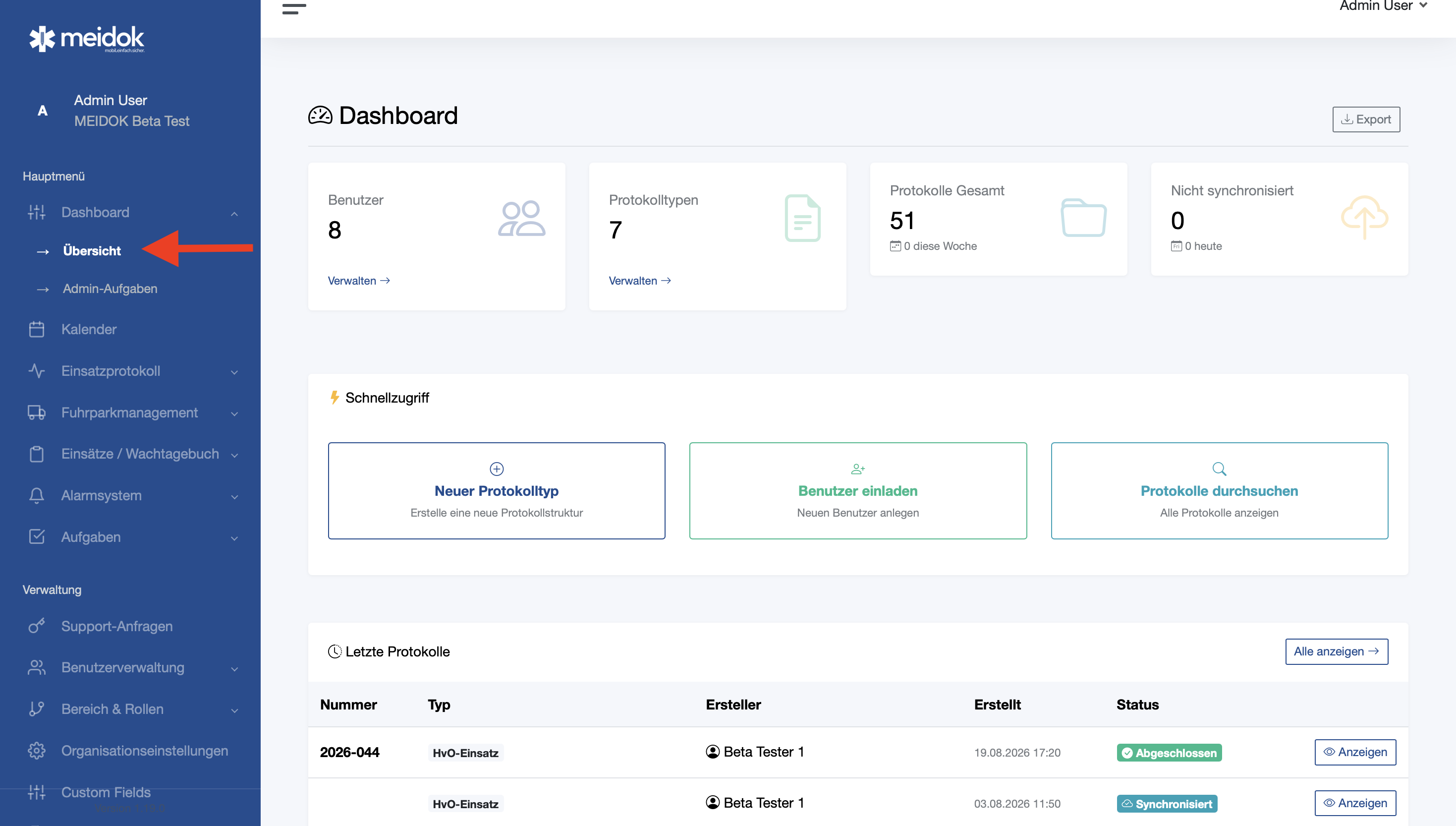 [SCREENSHOT-DAS-001] Dashboard-Startseite mit Kennzahlen-Kacheln, Schnellzugriff und letzten Protokollen