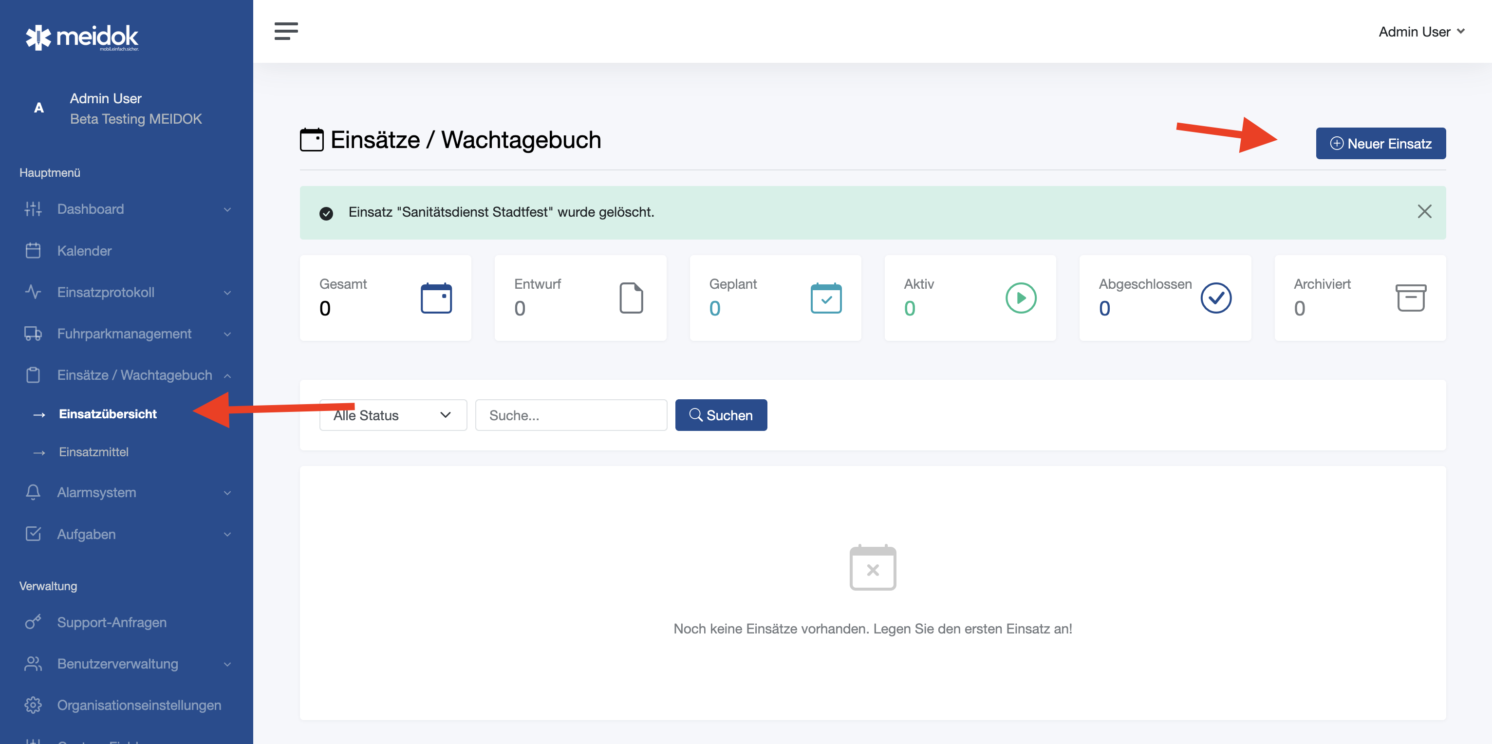 Du findest die Übersicht unter "Einsätze / Wachtagebuch" Klicke oben rechts auf "Neuer Einsatz" um einen neuen Dienst bzw. Einsatz zu eröffnen.
